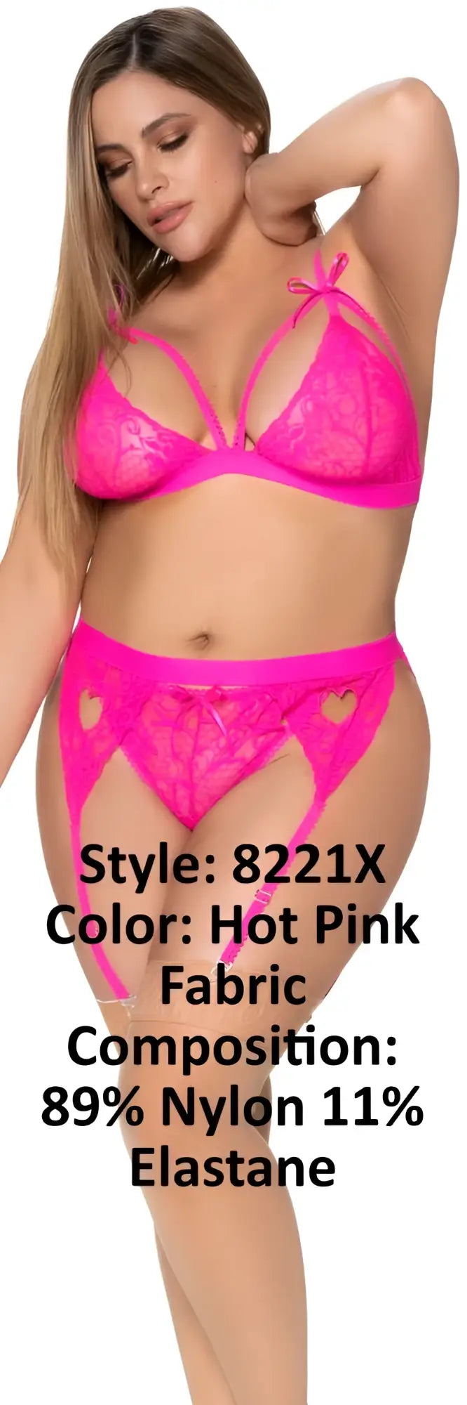 Mapale 8221X hot pink lace lingerie three piece garter set with heart shaped cutouts and sheer design