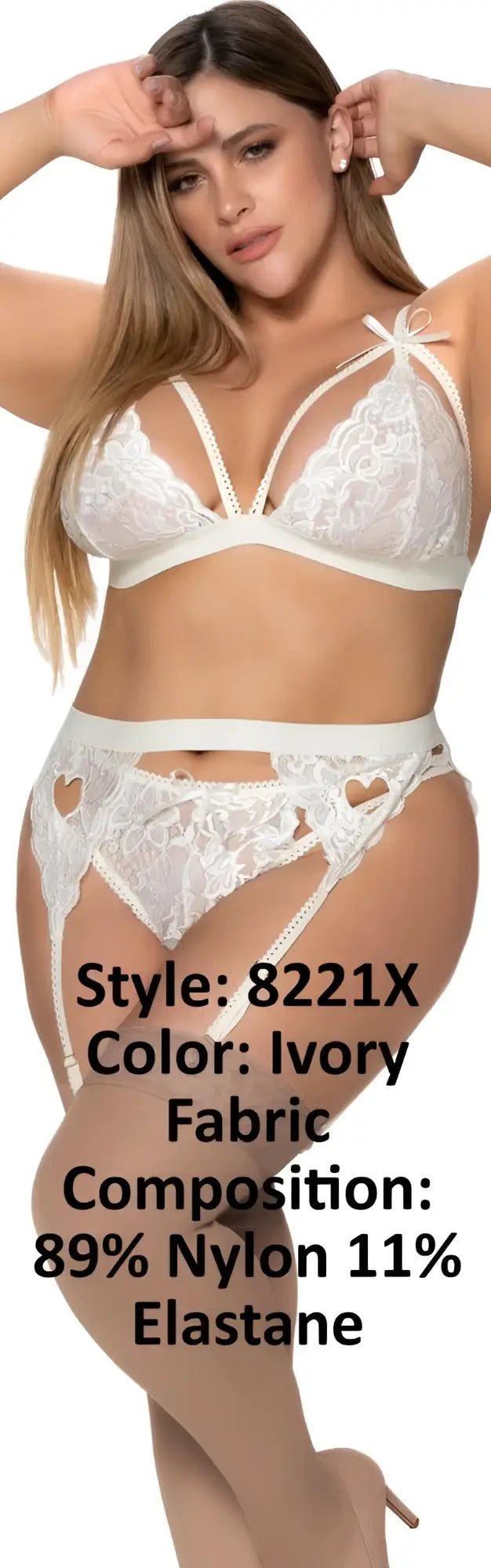 Ivory lace lingerie set Mapale 8221X featuring delicate heart-shaped cutouts and adjustable strap bra