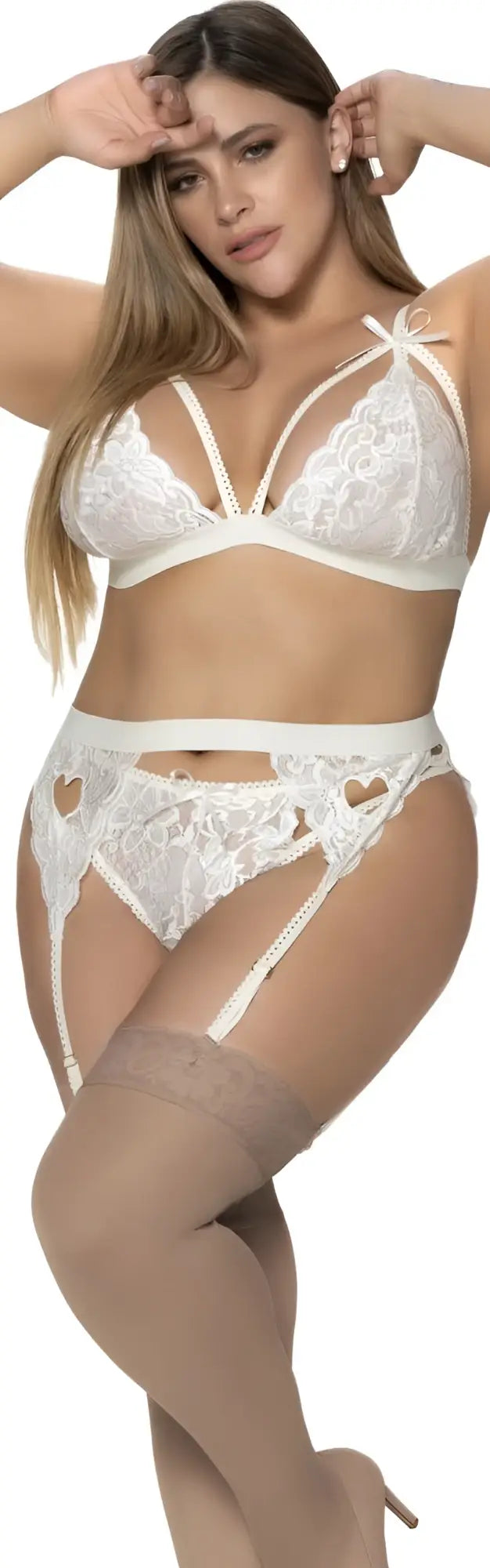 Ivory Mapale 8221X white lace lingerie set with delicate heart cutouts and sheer stockings in three piece garter style