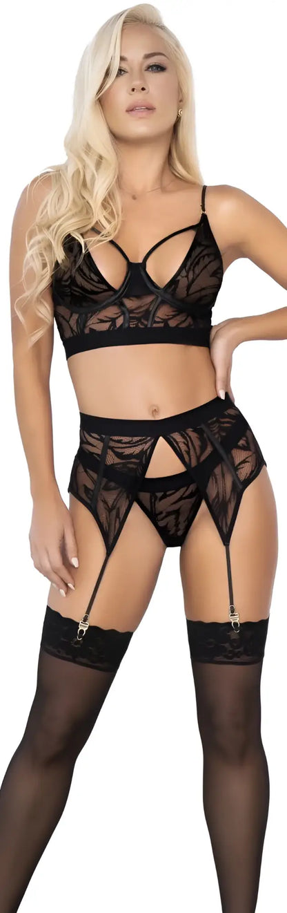 Black lace lingerie three piece set by Mapale 8574 featuring intricate patterns and garter straps in black