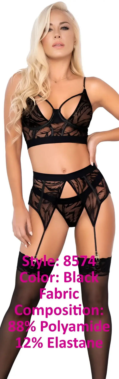 Black lace lingerie three piece set by Mapale featuring intricate cutouts and sheer stretchy fabric in color black