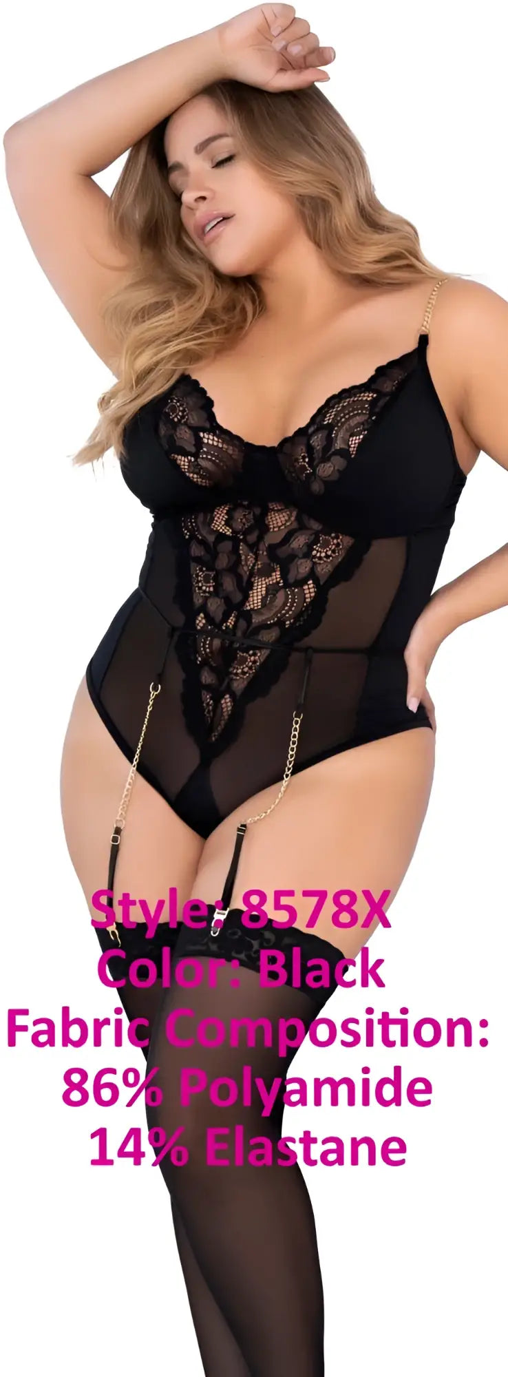 Black lace teddy with sheer mesh panels and gold chain straps by mapale model 8578x in black color