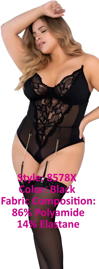 Black lace teddy with sheer mesh panels and gold chain straps by mapale model 8578x in black color