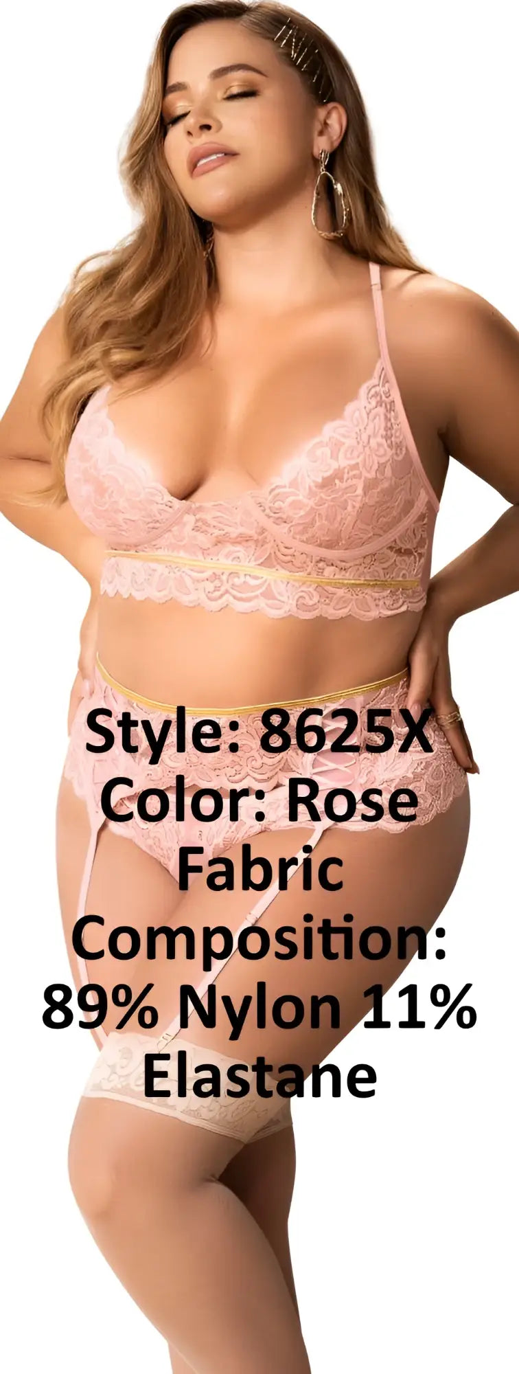 Rose-colored lace lingerie three piece set by Mapale featuring delicate floral patterns and soft stretchy fabric blend