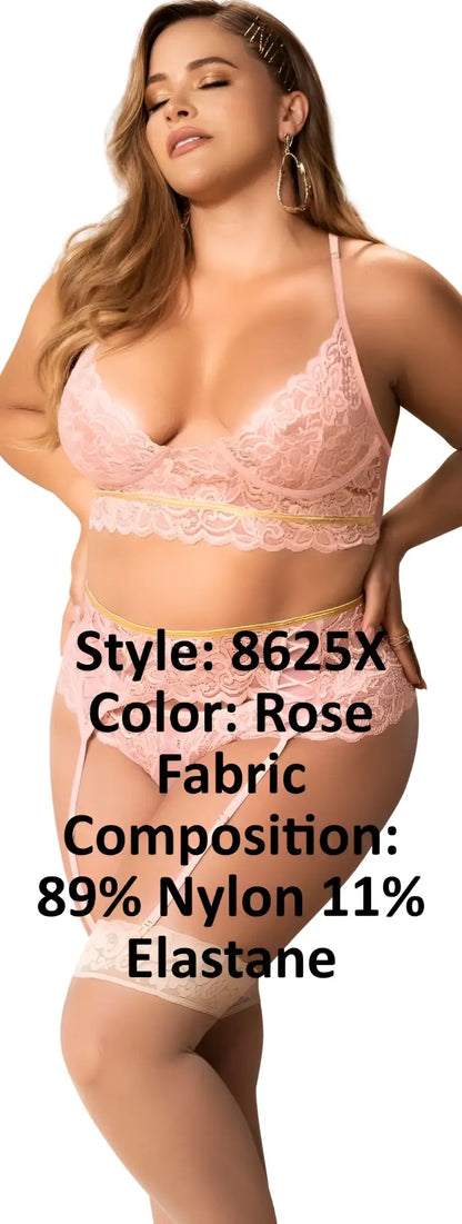 Rose-colored lace lingerie three piece set by Mapale featuring delicate floral patterns and soft stretchy fabric blend