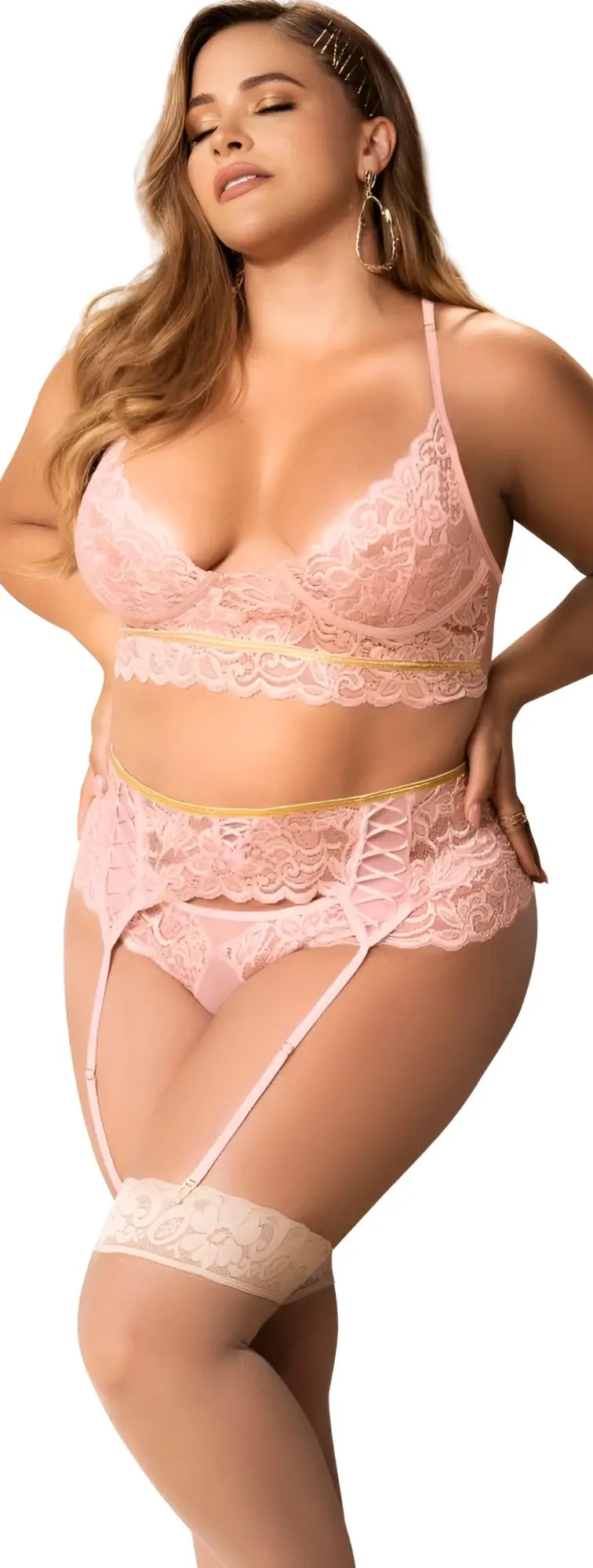 Pink lace lingerie three piece set with gold trim in rose color by mapale 8625x for elegant intimate wear