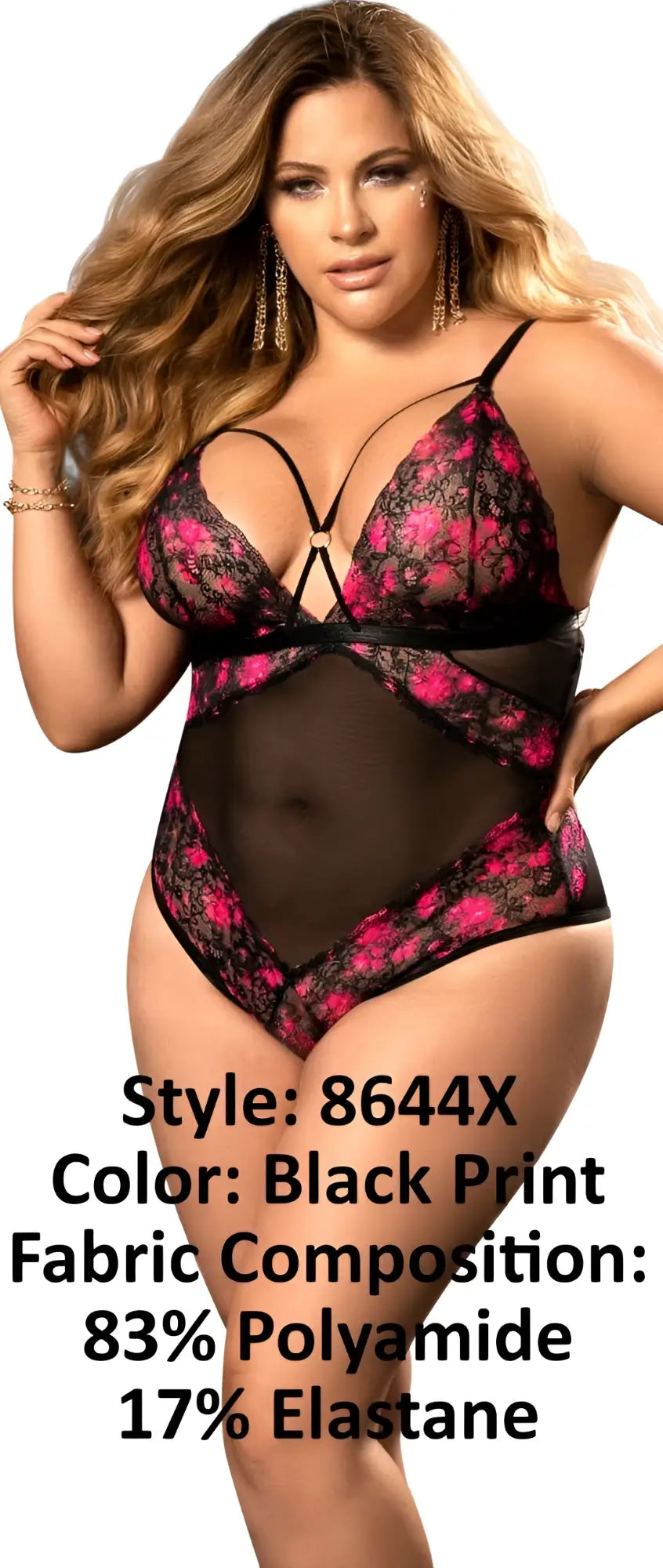 Black and pink floral lace bodysuit with sheer mesh panels by Mapale 8644X teddy in black print