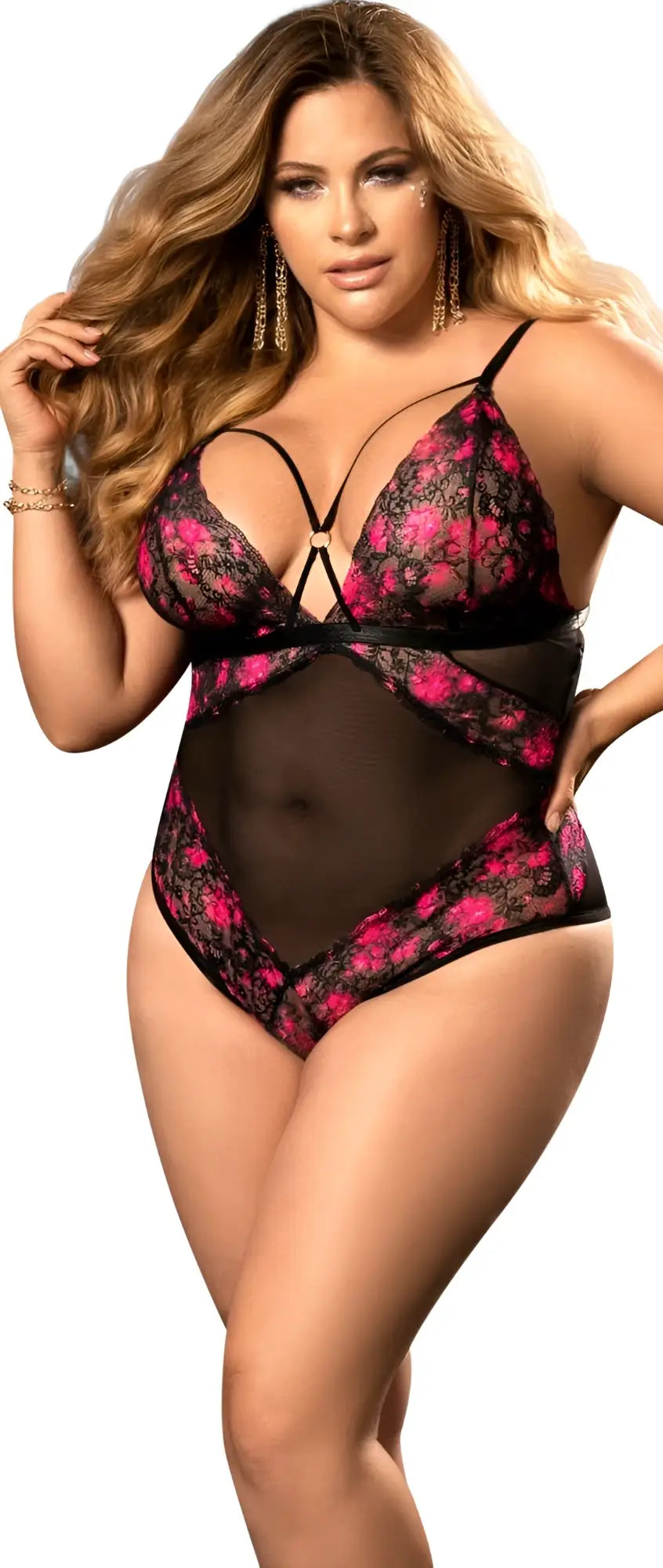 Black and pink floral lace teddy with sheer mesh panels by Mapale 8644X in black print color