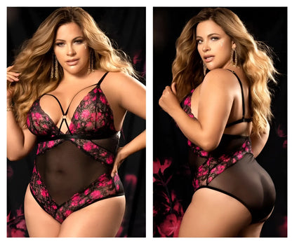Black and pink floral lace teddy with sheer mesh panels by Mapale 8644X in black print color