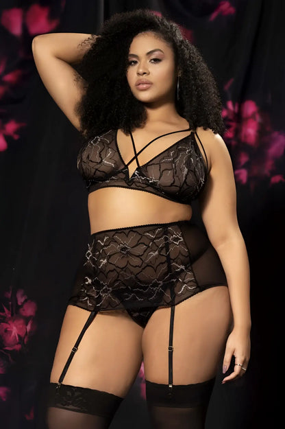 Black lace lingerie three piece set by Mapale 8649X with intricate floral patterns and sheer mesh detailing