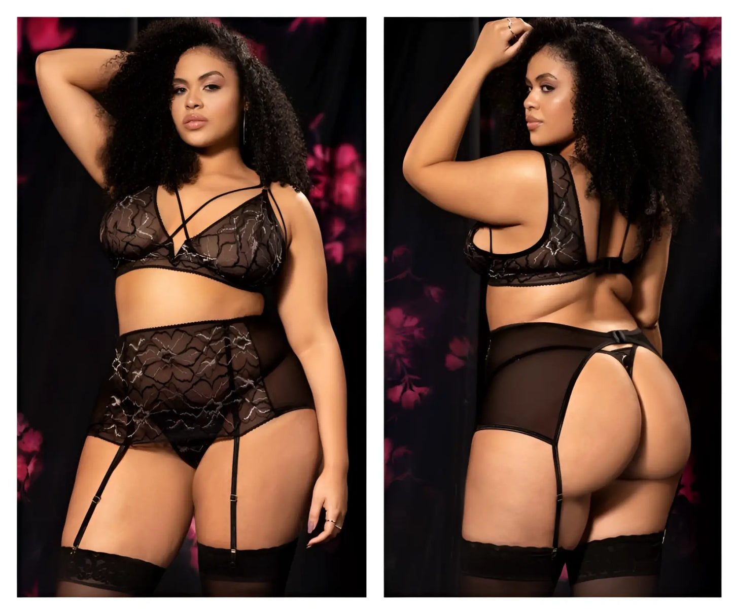Black lace lingerie set mapale 8649x with intricate patterns and sheer mesh panels in black color