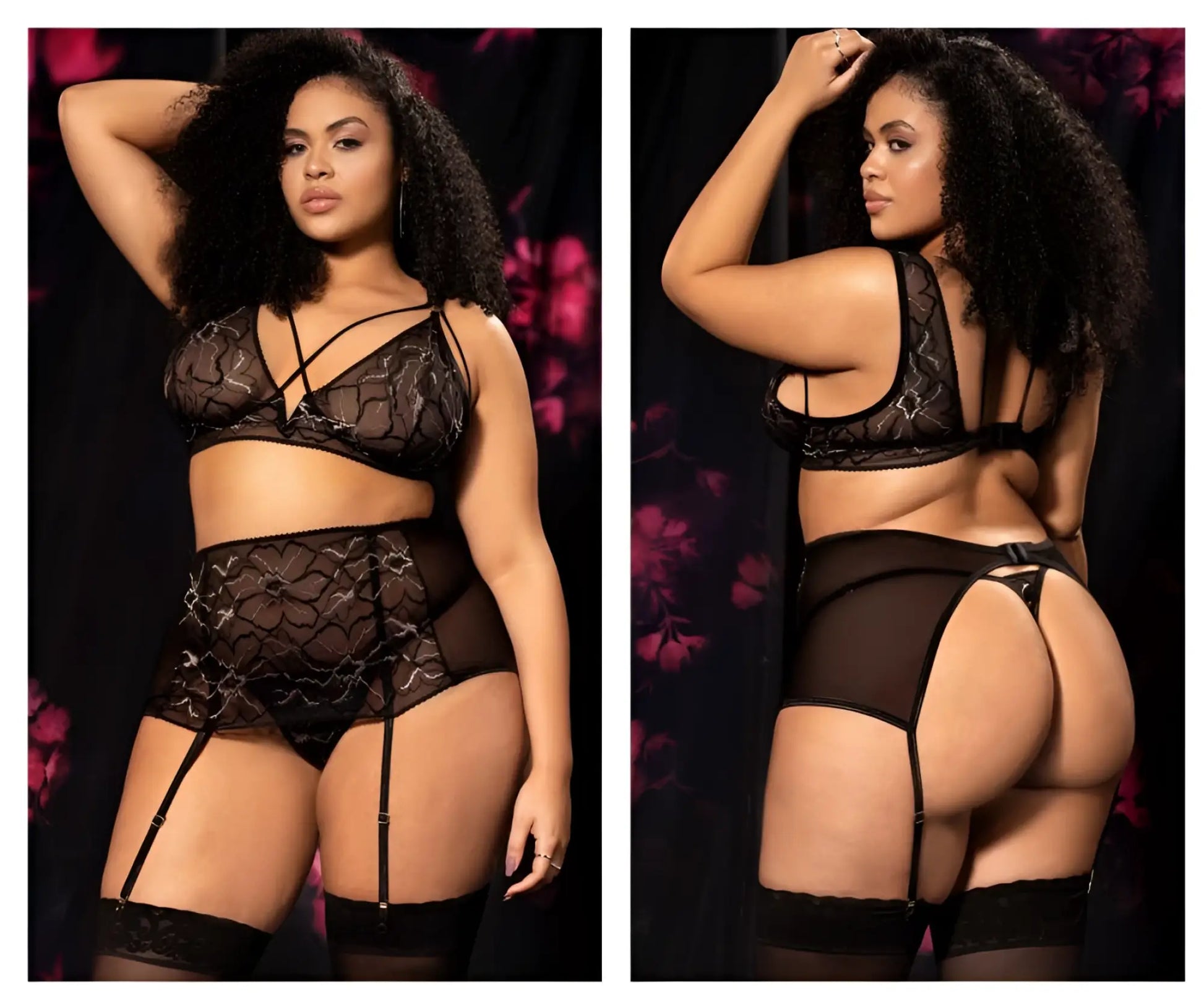 Black lace lingerie set mapale 8649x with intricate patterns and sheer mesh panels in black color