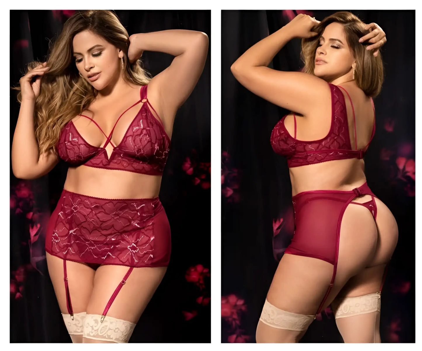Burgundy lace lingerie set with matching garter belt and stockings from Mapale 8649X three piece set