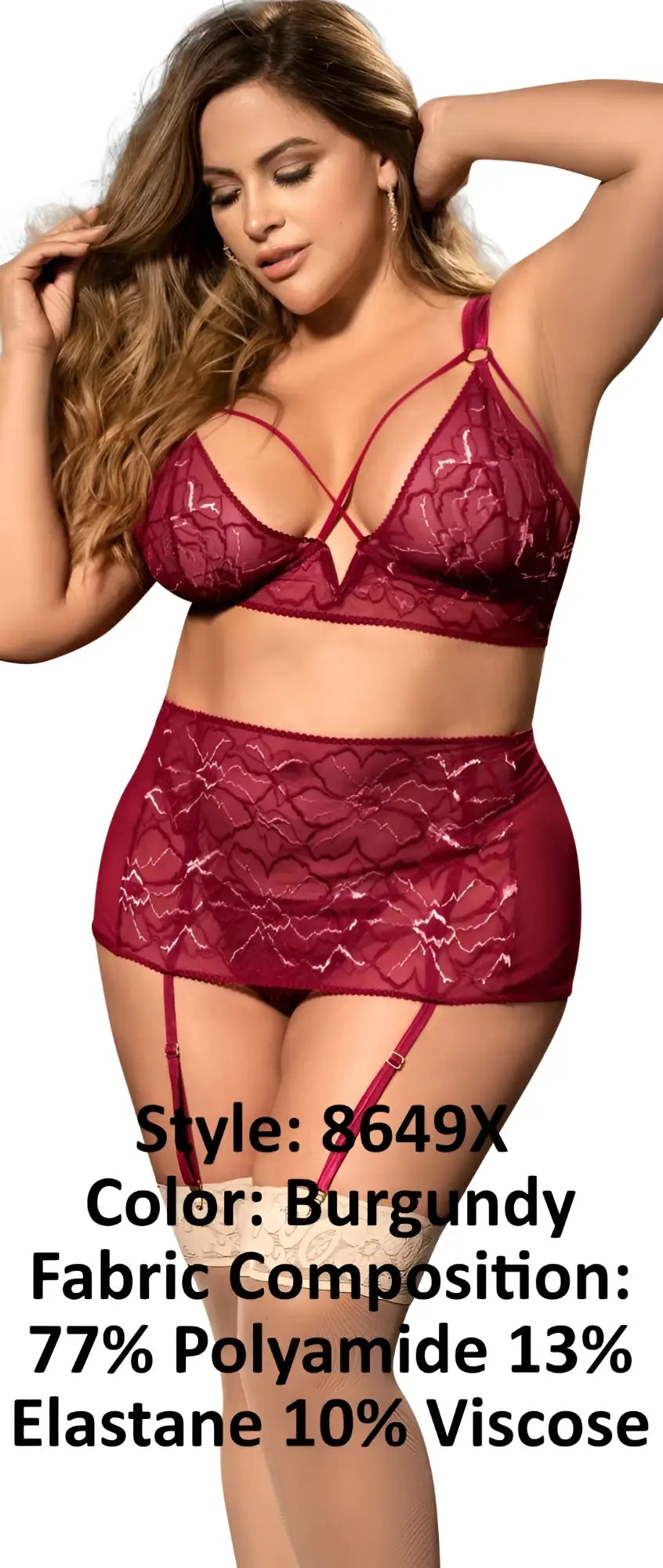 Mapale 8649X burgundy lace lingerie set with intricate floral patterns and high-waisted design three piece set