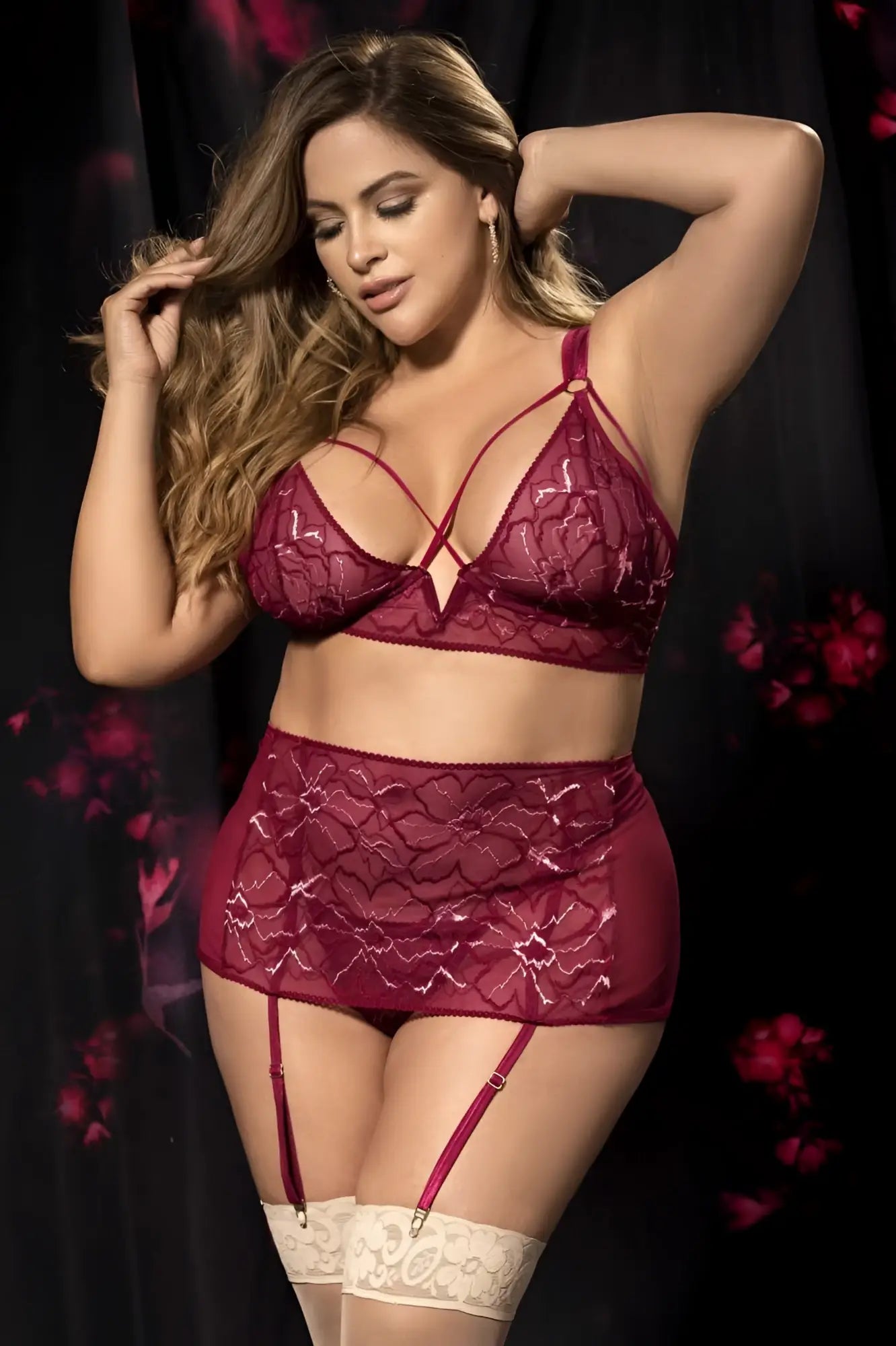 Mapale 8649X three piece set burgundy lace lingerie with floral patterns and matching garter straps with cream stockings