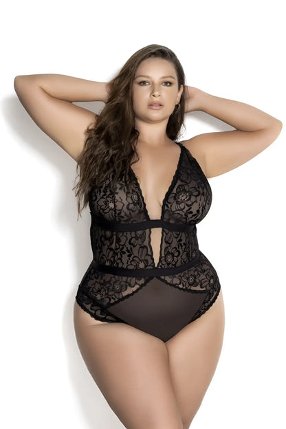 Mapale 8654X bodysuit black lace with floral patterns and deep v-neckline perfect for elegant lingerie looks