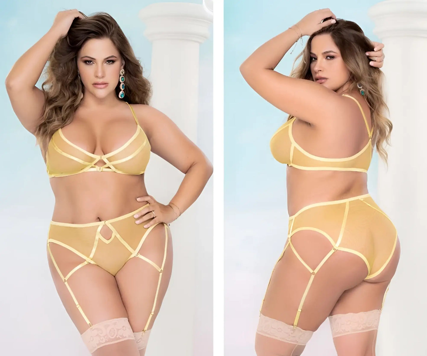 Mapale 8663X two piece sheer lace lingerie set in gold with thin straps and decorative cutouts in amalfi yellow