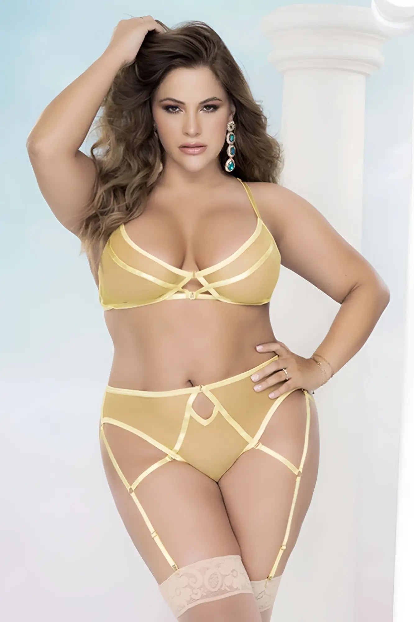 Mapale 8663x two piece set in amalfi yellow sheer mesh lingerie with intricate crisscross straps and lace trim