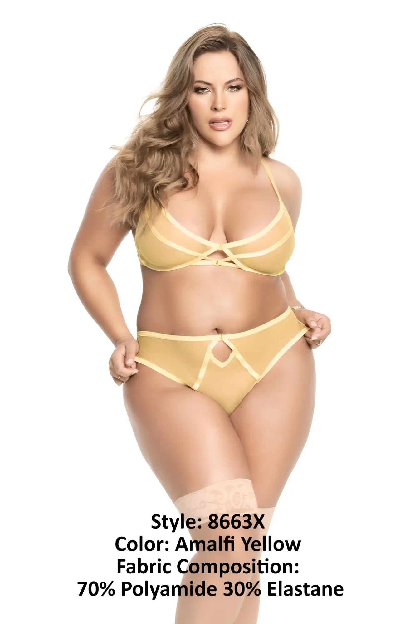 Mapale 8663X two piece set in amalfi yellow featuring a sheer strappy bra with crisscross detailing and keyhole briefs