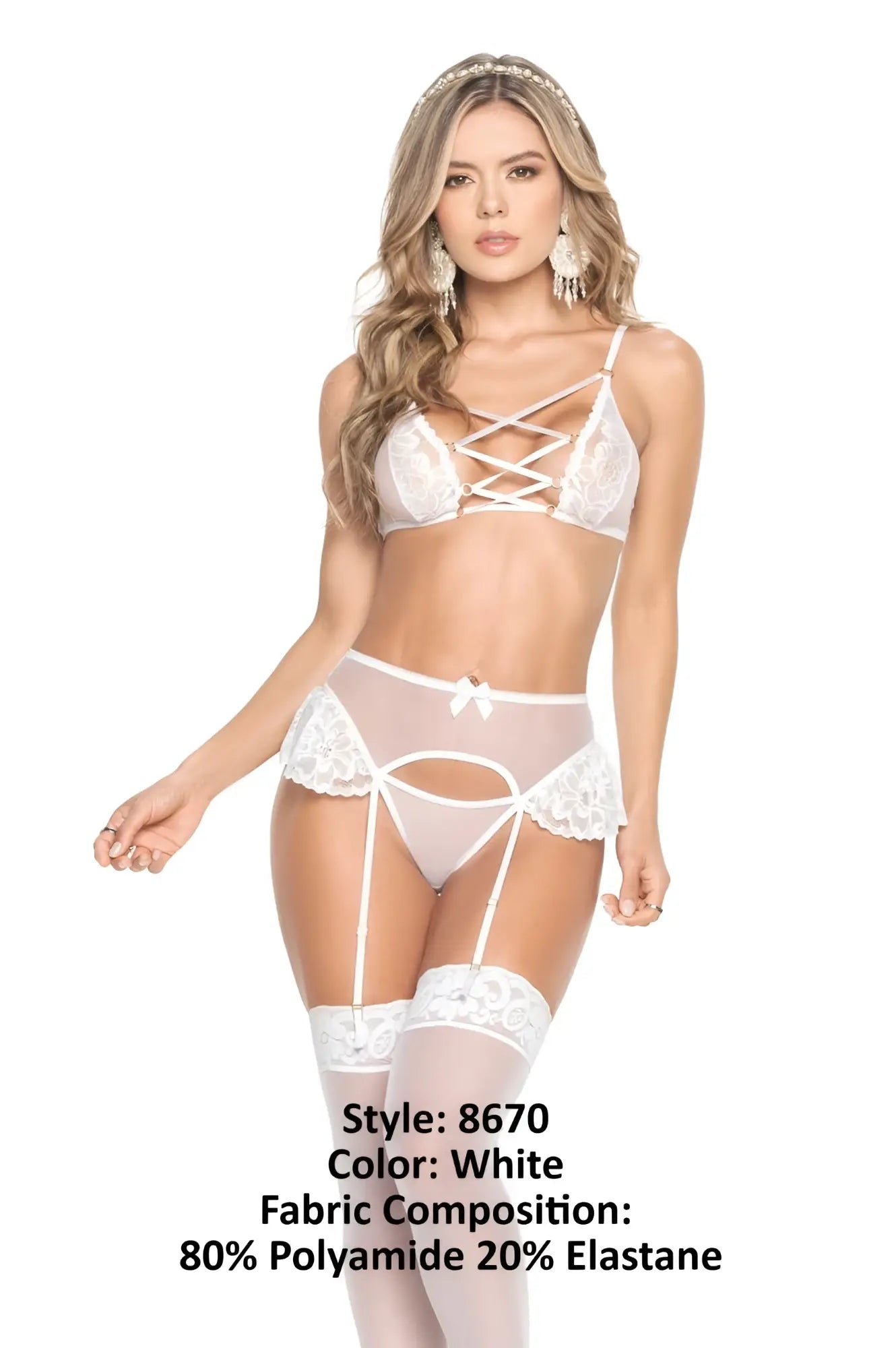 White lace lingerie two piece set by mapale with delicate crisscross straps and sheer mesh panels in white