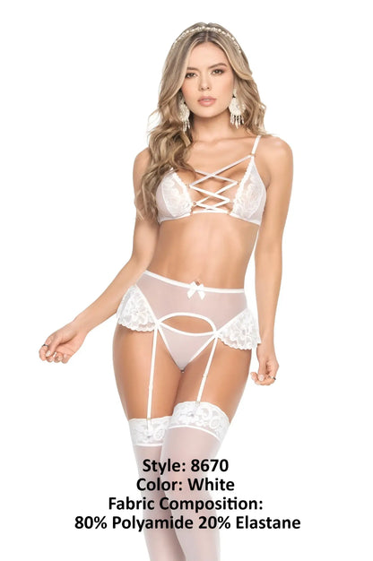 White lace lingerie two piece set by mapale with delicate crisscross straps and sheer mesh panels in white