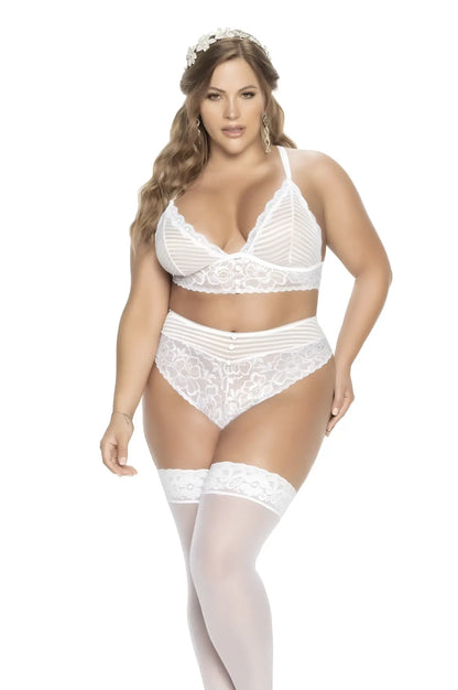 White lace bridal lingerie two piece set by Mapale featuring intricate floral patterns and delicate mesh detailing