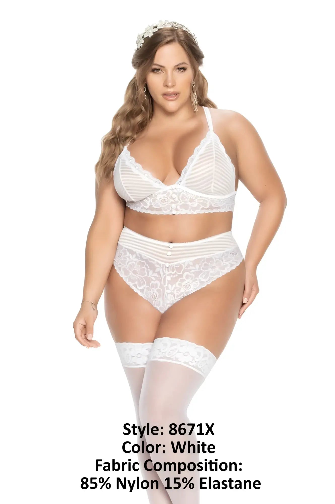 White lace lingerie two piece set by mapale featuring floral bra and high waisted panties made of nylon and elastane