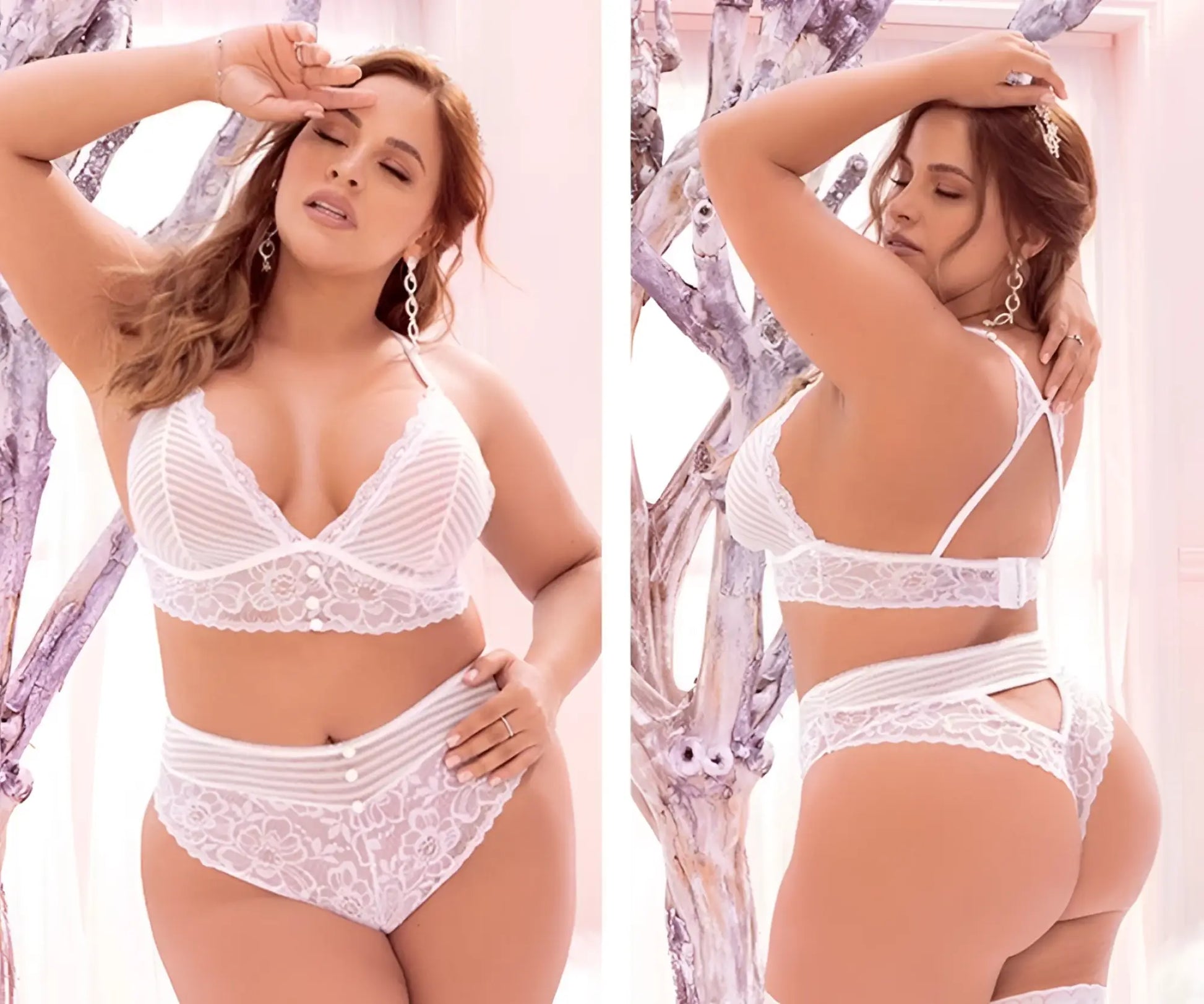 White lace lingerie two piece set by mapale 8671x featuring sheer mesh panels and delicate floral detailing