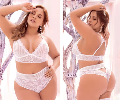 White lace lingerie two piece set by mapale 8671x featuring sheer mesh panels and delicate floral detailing
