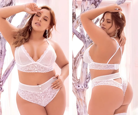White lace lingerie two piece set by mapale 8671x featuring sheer mesh panels and delicate floral detailing