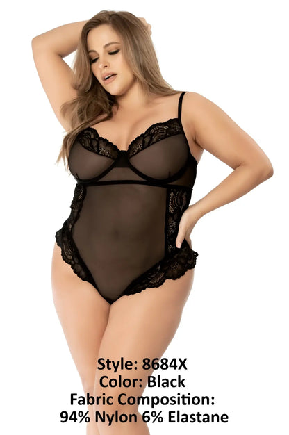 Black sheer bodysuit with black lace trim and thin straps mapale 8684x teddy color black front view