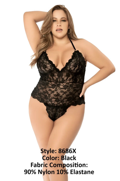 Black lace bodysuit mapale 8686x with delicate floral patterns and thin spaghetti straps in black color