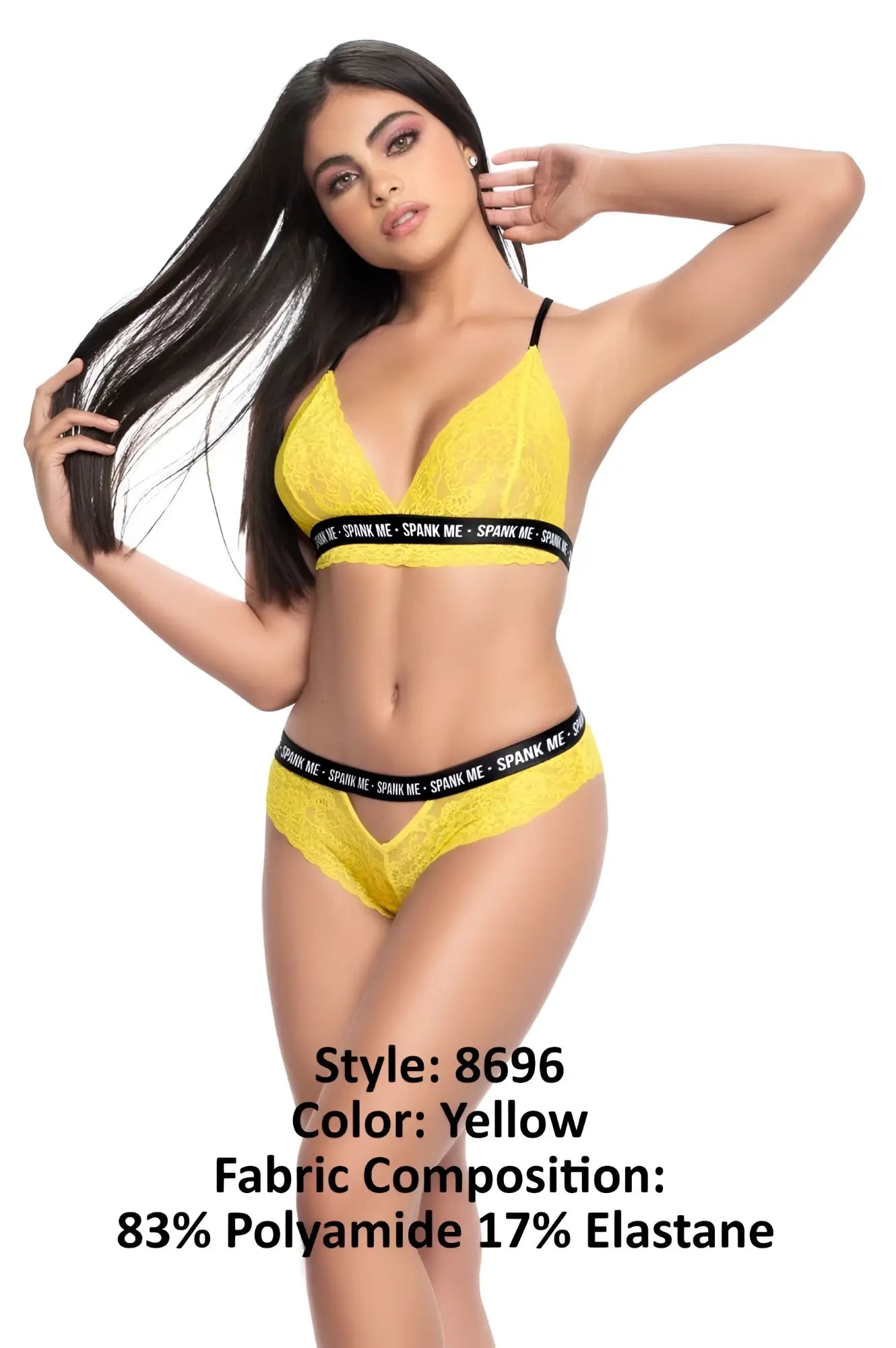Yellow lace lingerie two piece set with black elastic bands featuring spank me text mapale 8696 color yellow