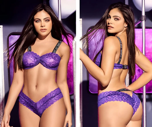 Purple lace lingerie two piece set with black trim and stop staring text on straps by Mapale 8698