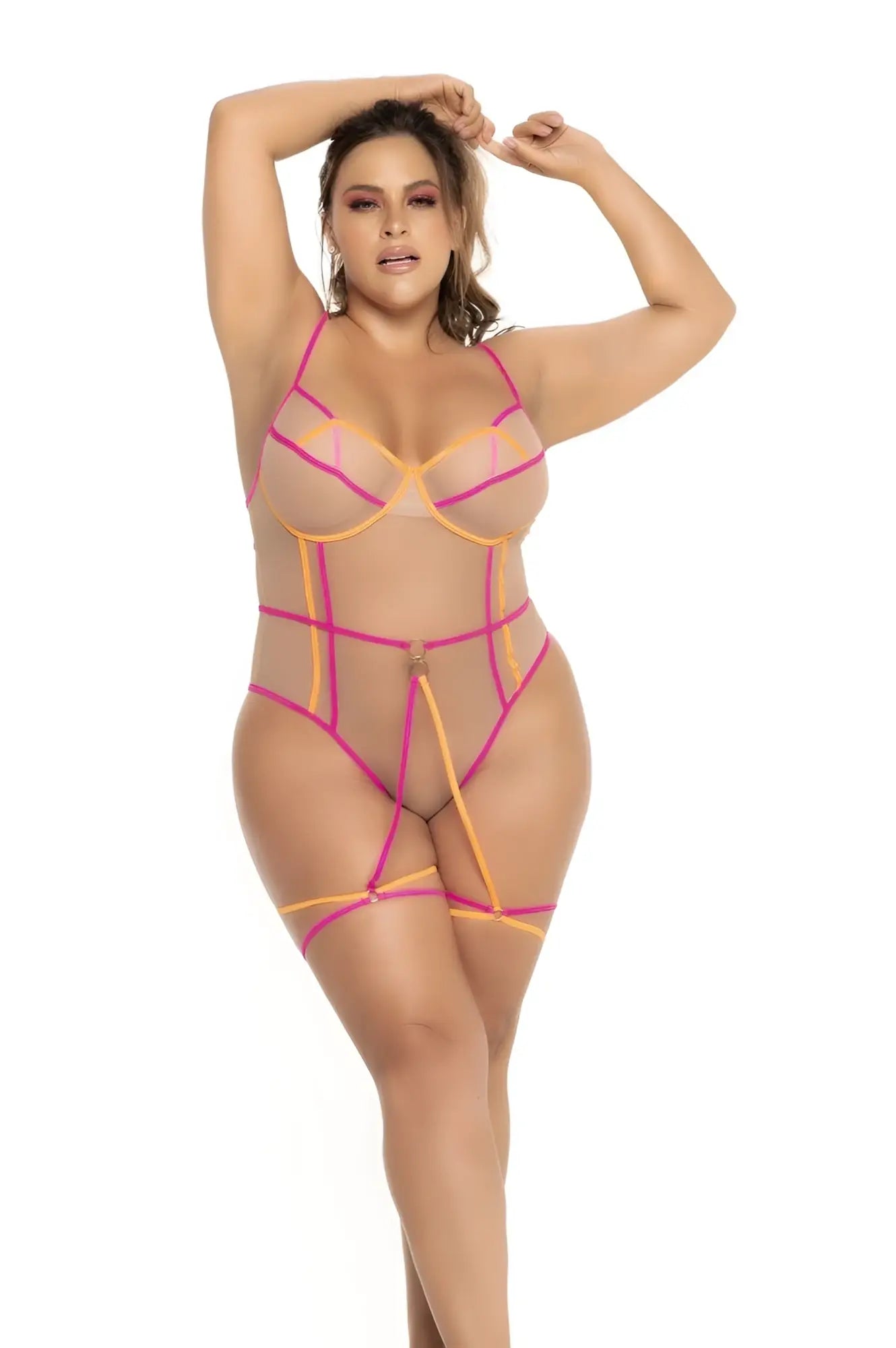 Mapale 8717X teddy in nude neon sheer mesh with vibrant pink and orange geometric straps across torso and legs