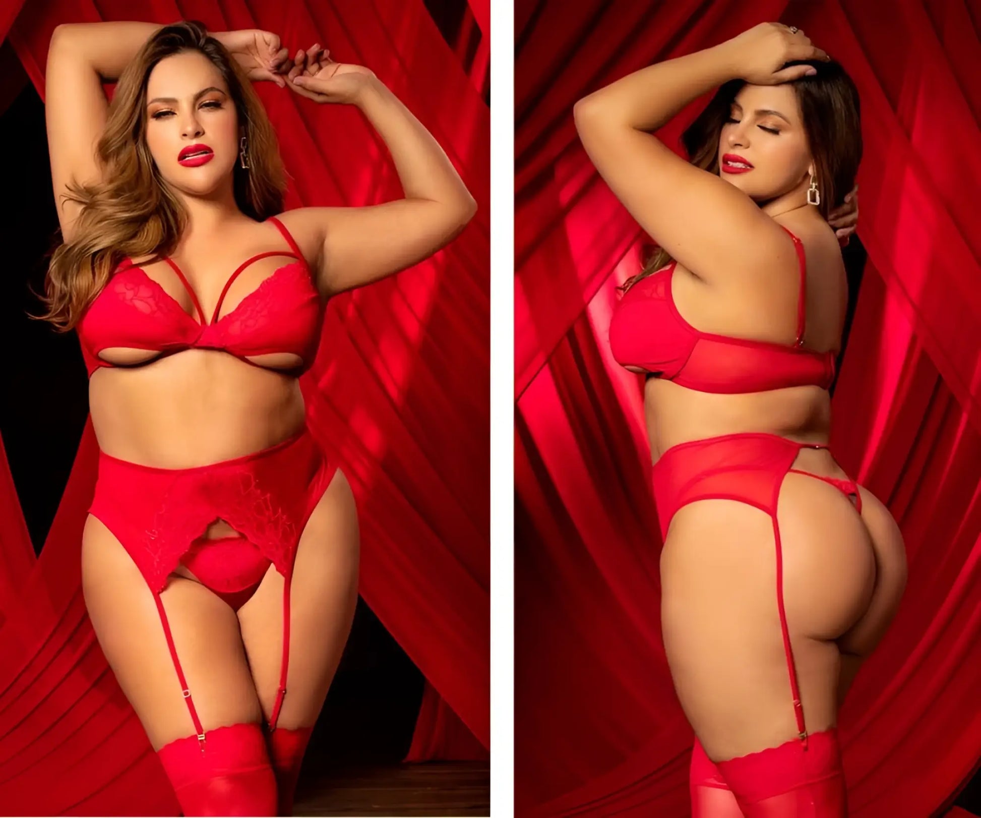Red lace lingerie set with garter straps and thigh-high stockings mapale 8726x three piece set in red