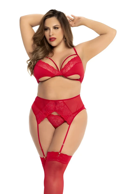 Red lace lingerie set with matching garter belt and thigh-high stockings by mapale in vibrant red color