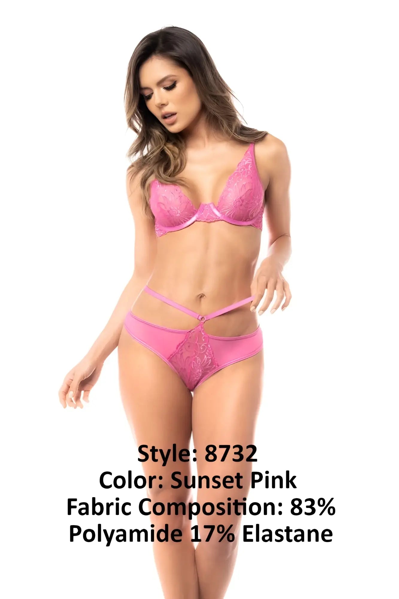 Mapale 8732 two piece set sunset pink lace lingerie with bra and thong featuring intricate floral embroidery