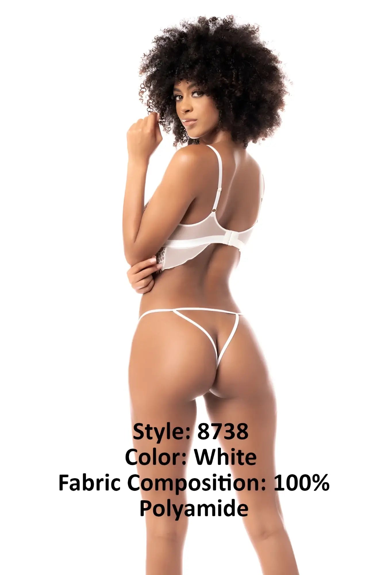 White sheer polyamide lingerie three piece set by mapale with thin straps and string detail at the back shown from behind