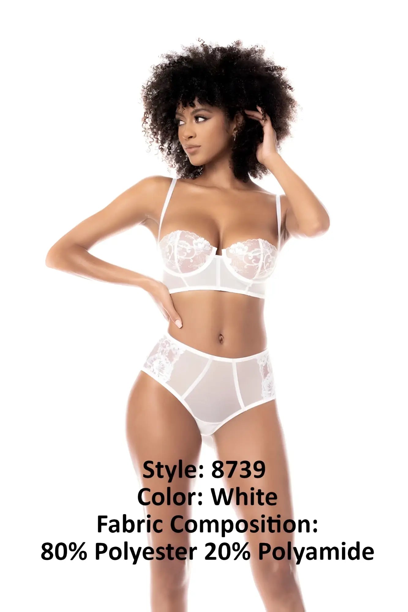 White lace lingerie two piece set by mapale featuring delicate floral embroidery and sheer mesh design