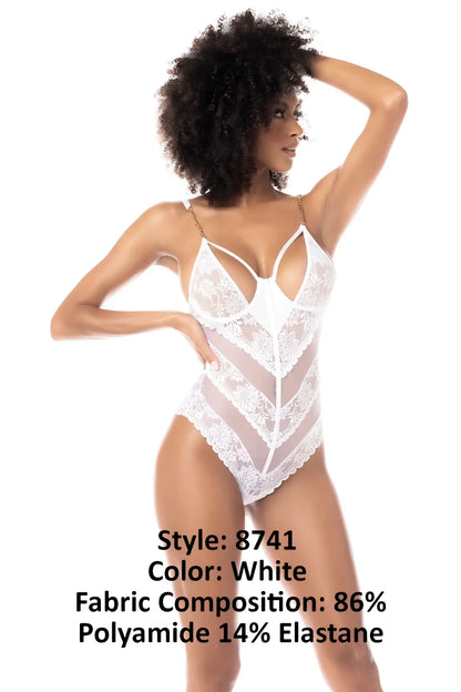 White lace Mapale 8741 teddy bodysuit with sheer mesh panels and delicate chain straps, front view