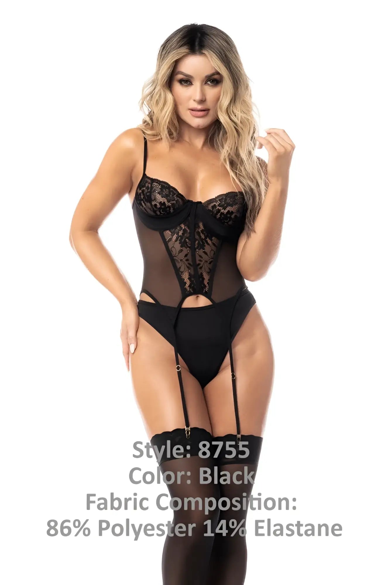 Mapale 8755 two piece set black lace bodysuit with sheer mesh panels and suspenders for lingerie wear