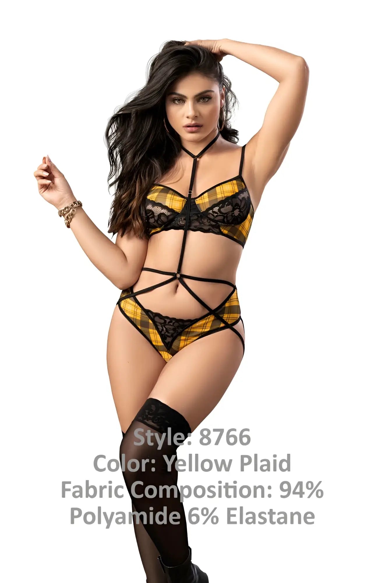 Yellow plaid lace lingerie two piece set with black trim and crisscross straps by mapale 8766