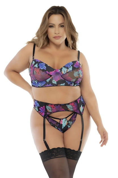 Mapale 8770X three piece set black floral lingerie with sheer mesh and lace trim perfect for intimate wear