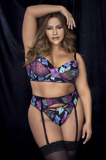 Black floral-patterned lingerie set with sheer mesh and lace trim in mapale 8770x three piece color dream flower print