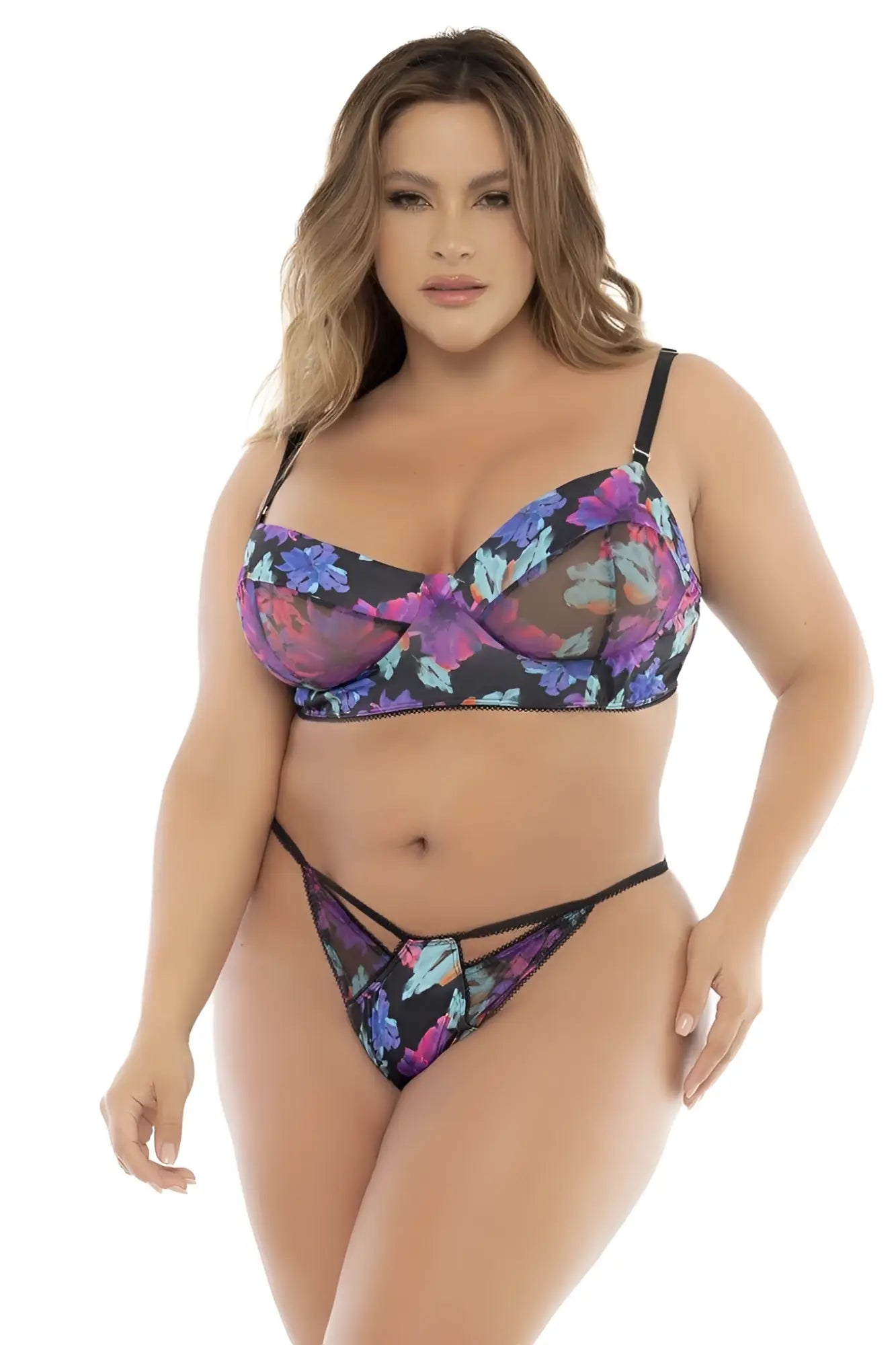 Black lace bra with vibrant purple and blue floral pattern from mapale 8770x three piece dream flower print set