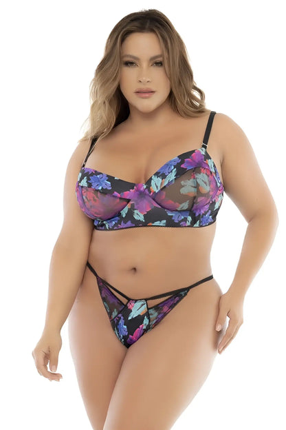 Black lace bra with vibrant purple and blue floral pattern from mapale 8770x three piece dream flower print set