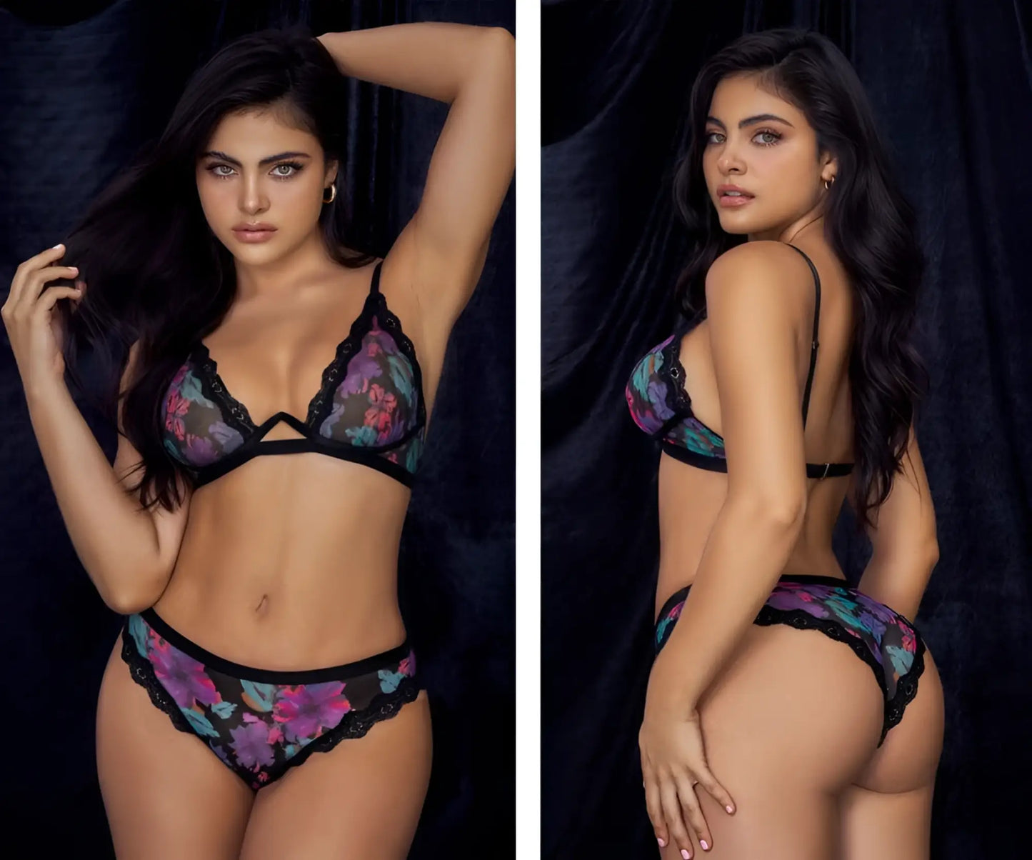Mapale 8771 two piece set black lace bra and panties with purple pink teal floral embroidery dream flower print
