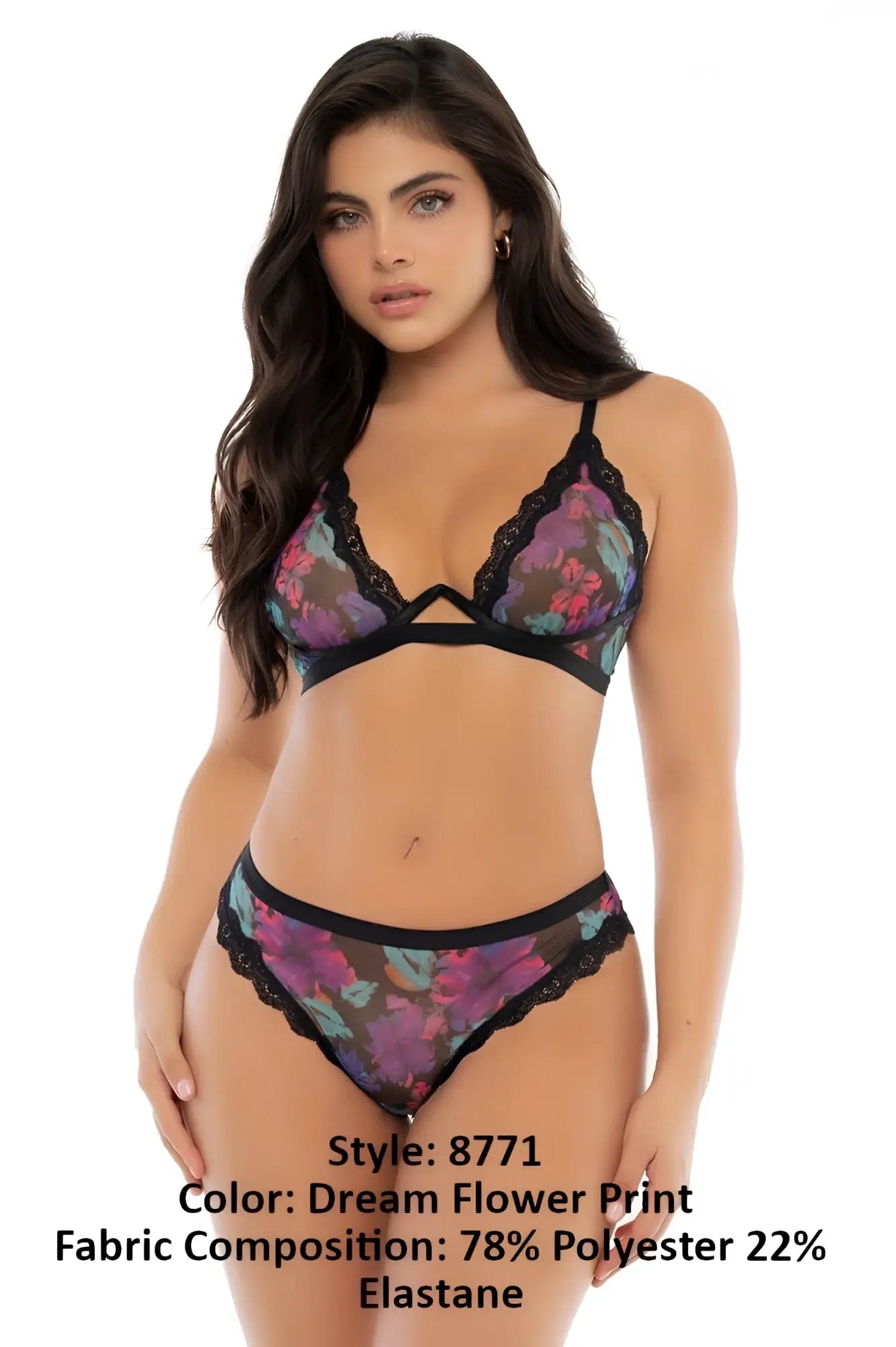 Mapale 8771 two piece set black lace trim bra and panties with vibrant dream flower print in purple pink and teal