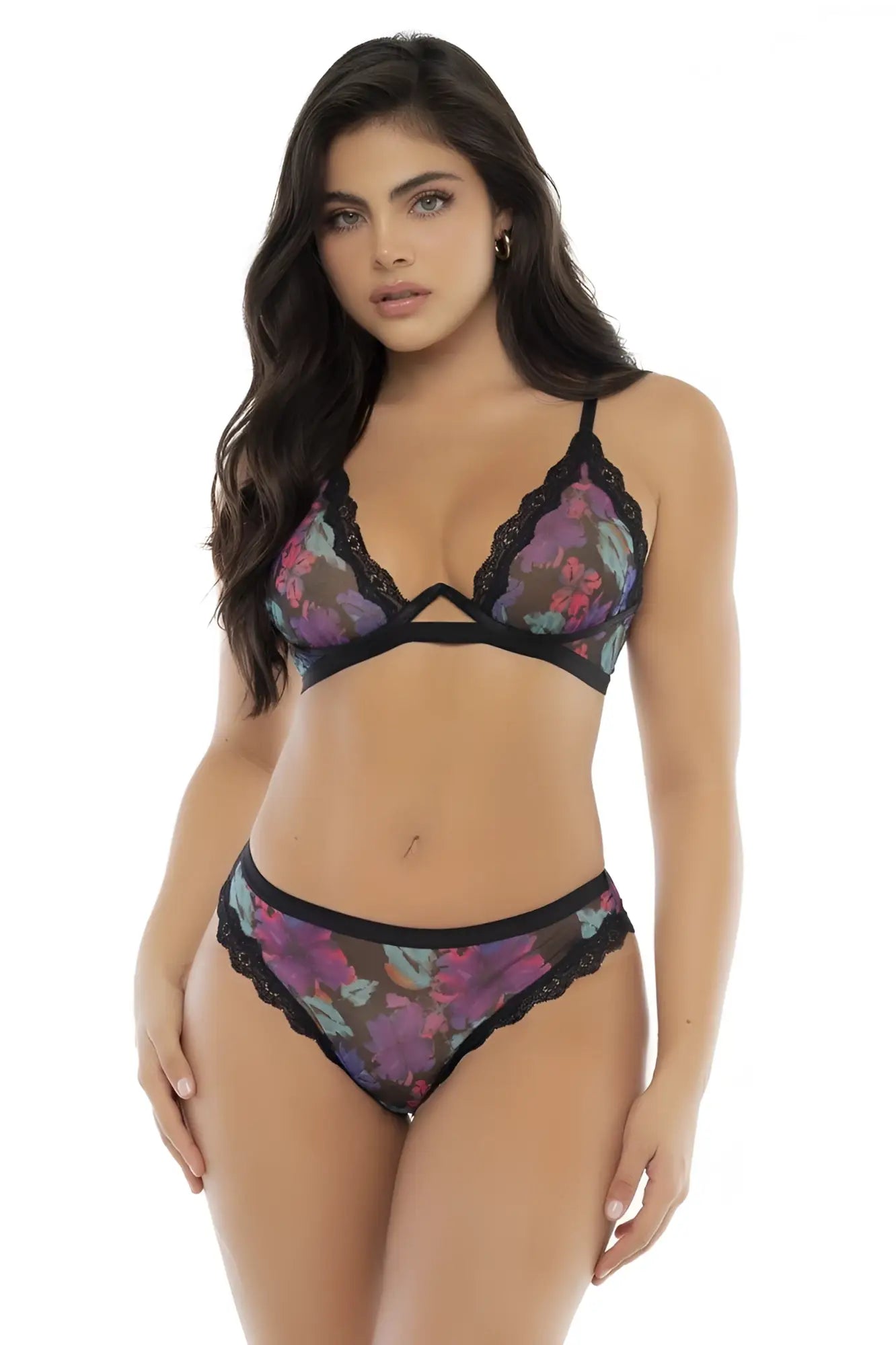 Mapale 8771 two piece set black lace trim floral lingerie with purple and pink blossoms on sheer mesh base